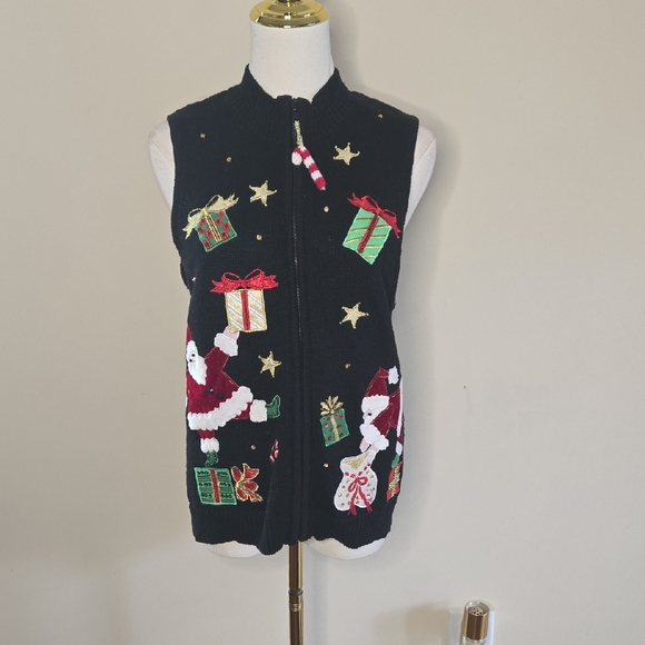 Heirloom Collectibles Black Christmas Holiday Vest – Santa Embroidery, Mock Neck - Picture 2 of 7